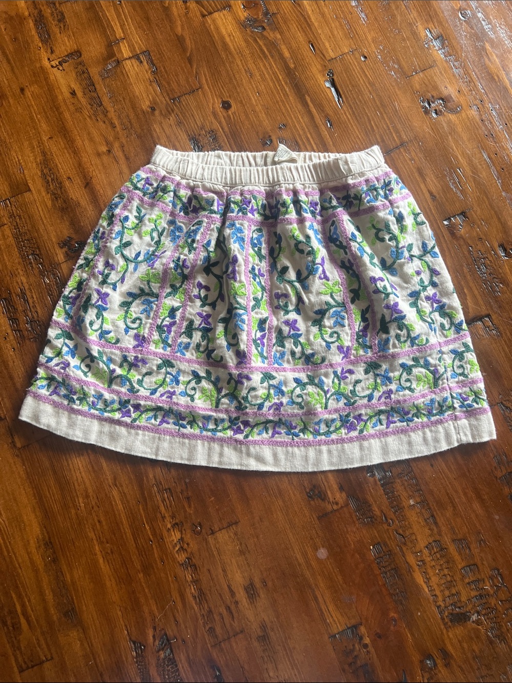 Peek Embroidered Cream Skirt with Purple & Green Floral Design